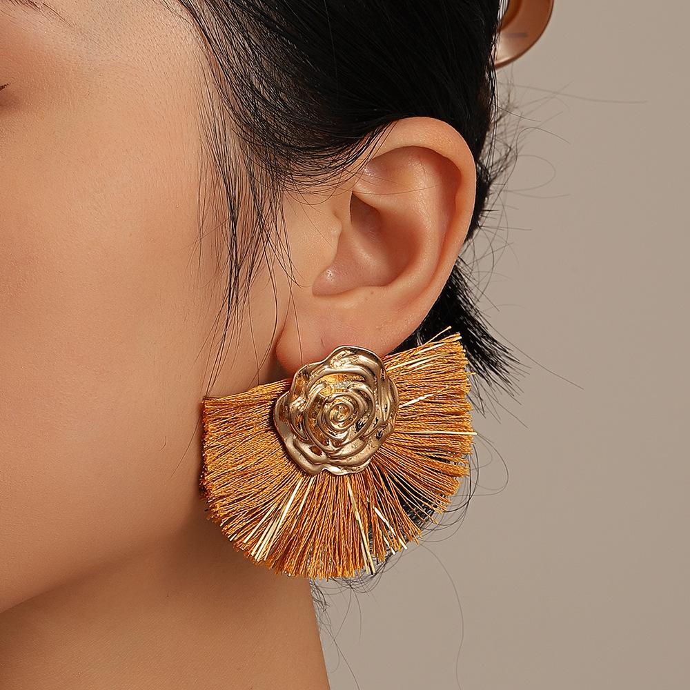 Ins fan-shaped tassel earrings female Bohemian ethnic exaggerated rose geometric earrings temperament