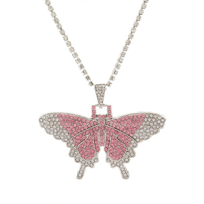 Ins full diamond Cuban butterfly necklace retro personality exaggerated butterfly pendant necklace fashion hip-hop accessories