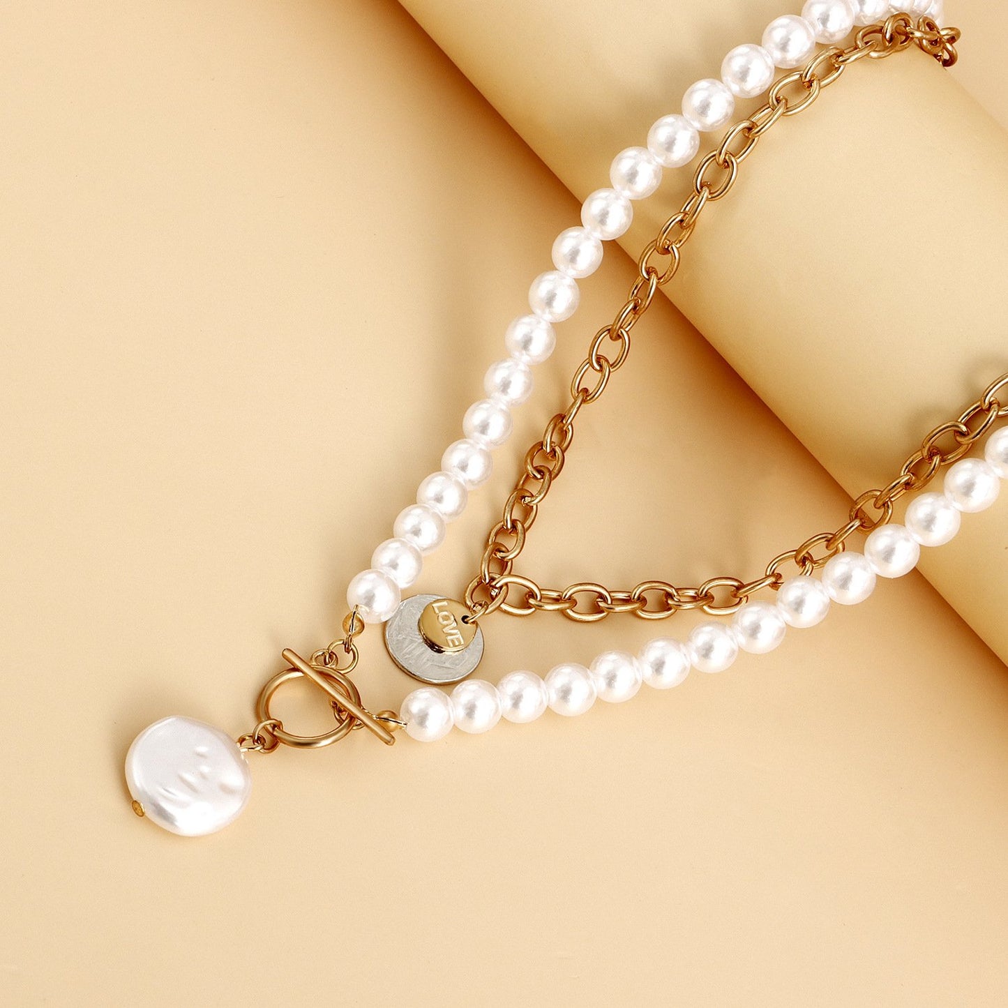 Jewelry Geometric Disc Imitation Baroque Pearl Double Layer Necklace Female Simple Versatile Bead Necklace