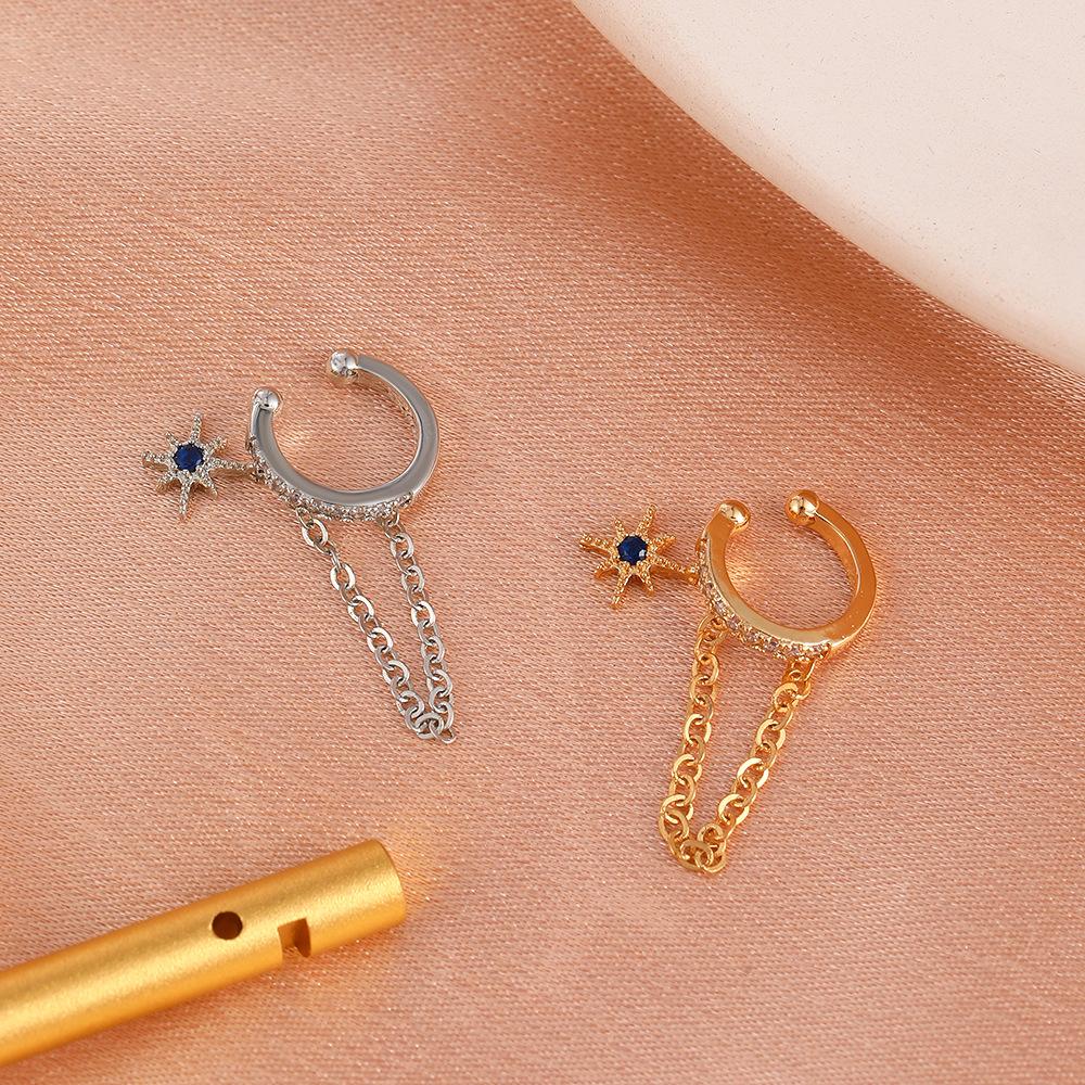 ins simple zircon holeless ear bone clip fashion copper inlaid zircon five-pointed star chain ear clip net red earrings