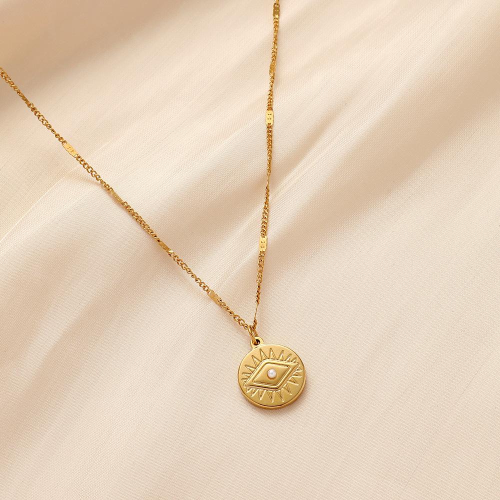 Simple ins ladies fashion stainless steel gold round pearl eyes coin choker necklace