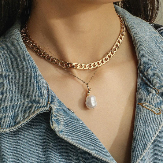 ins personality necklace double metal chain baroque special-shaped pearl pendant exaggerated clavicle chain
