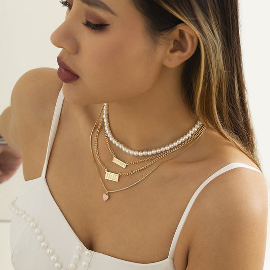 Jewelry Retro Imitation Pearl Stacked Chain Necklace Sweet Cool Alphabet Tag Peach Heart Necklace Female