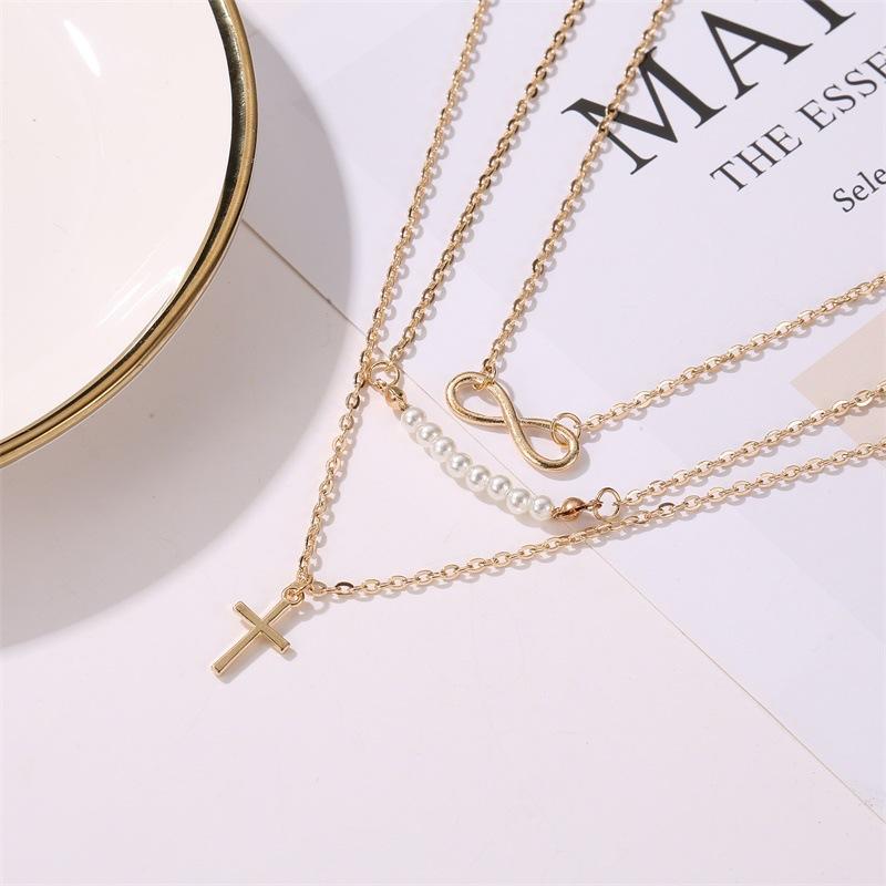 Fashion Women's Figure 8 Pearl Multilayer Pendant Necklace Cross Clavicle Chain Jewelry