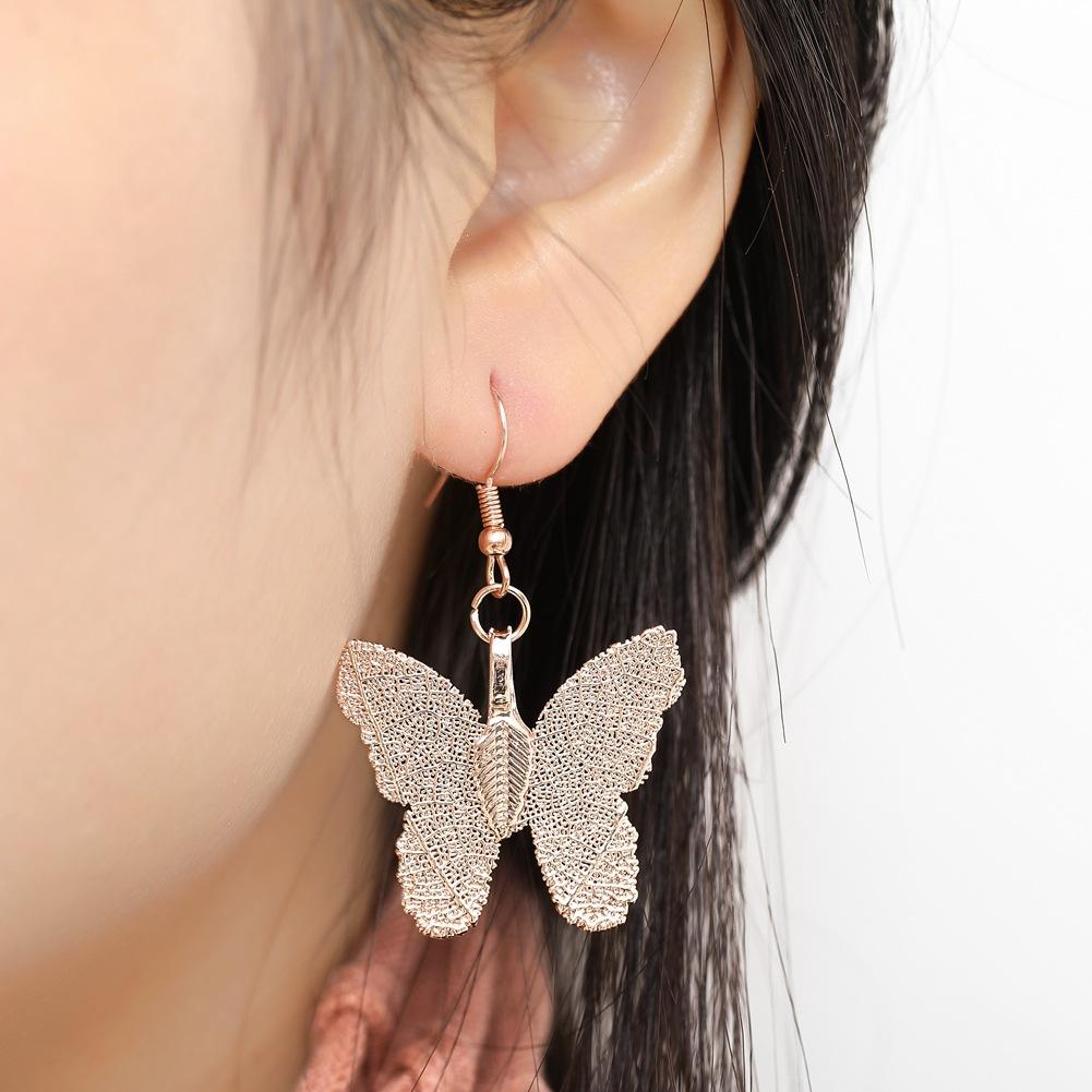 Creative Personality Gold-plated Butterfly Real Leaf Specimen Pendant Earrings Clavicle Necklace Set
