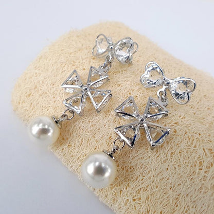 Four-leaf flower bowknot pearl and diamond earrings five-petal flower stud earrings charm