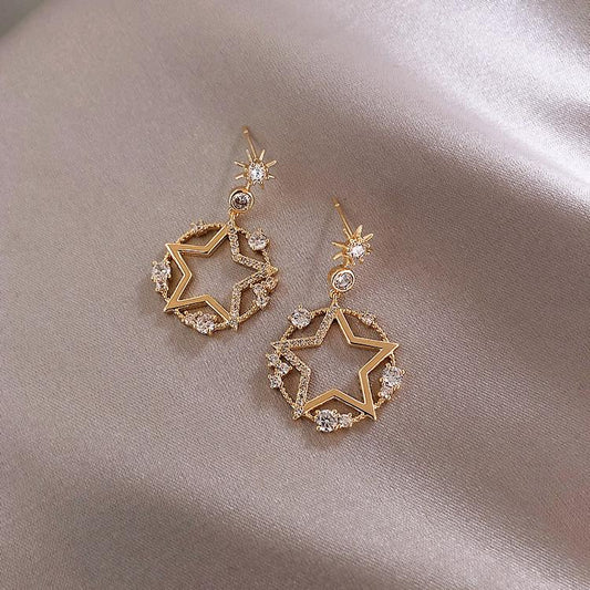 925 silver needle circle five-pointed star earring net red temperament female earrings new year tide ear jewelry