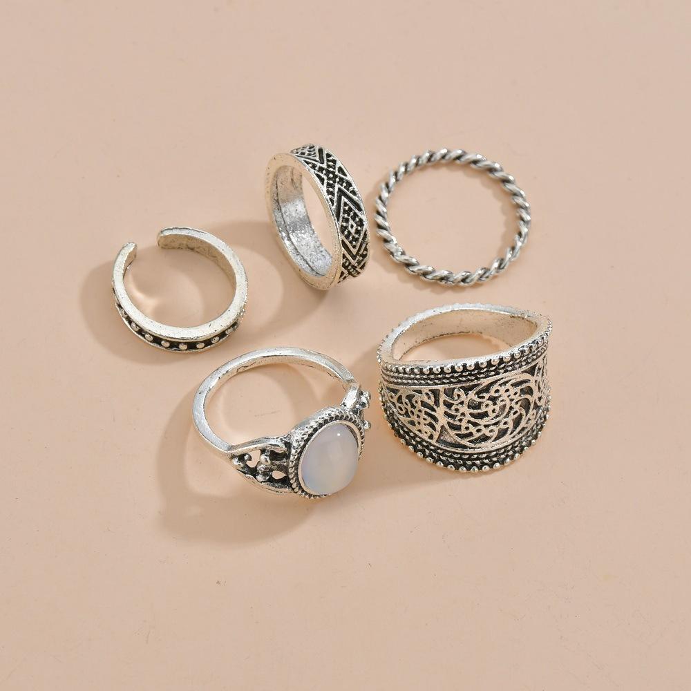 Fashion Resin Accessories Knuckle Ring Vintage Ethnic Alloy Pattern Ring Multi-Piece Set Accessories