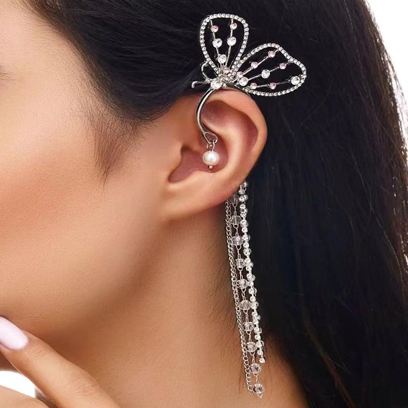 Super Fairy Crystal Tassel Butterfly Ear Bone Clip Female Frosty Mori Long Pearl No Ear Pierce Single Ear Clip