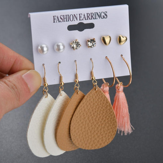 Pop Leather Earrings Bohemian Tassel Love Pearl Combination Set Earrings 6 Pieces Set