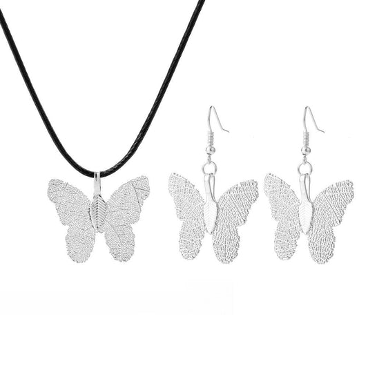Creative Personality Gold-plated Butterfly Real Leaf Specimen Pendant Earrings Clavicle Necklace Set