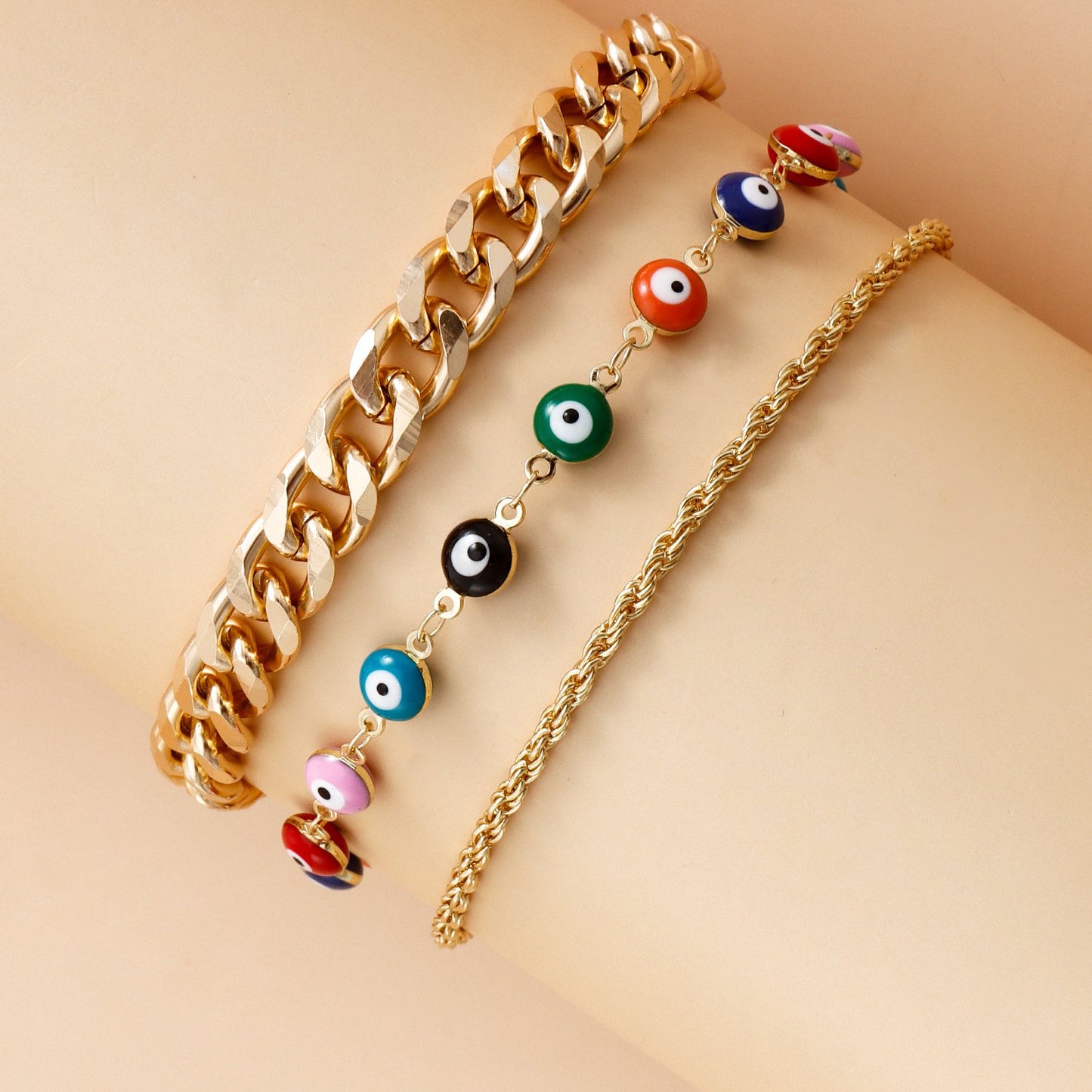 Jewelry ins thick aluminum chain devil's eye anklet girls high-end retro foot accessories three-piece suit