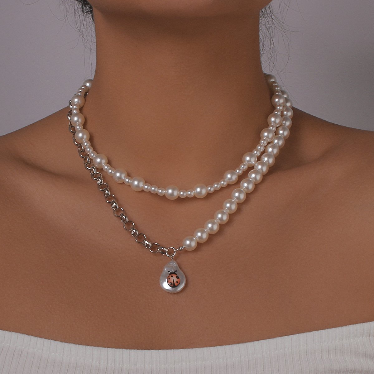 N1115 Xiaoxiang Net Red Necklace Women's Mosaic Pearl Cute Drop Oil Necklace Atmospheric Elegant Geometric Necklace