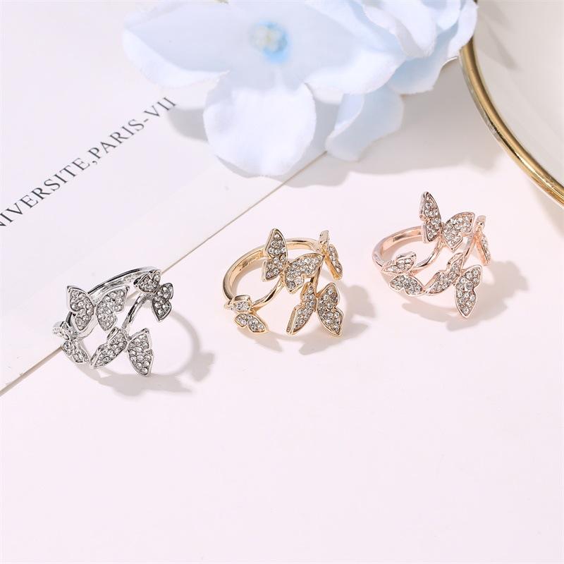 Fashion Jewelry Temperament Full Diamond Four Butterfly Ring Net Red Light Luxury Index Finger Open Ring
