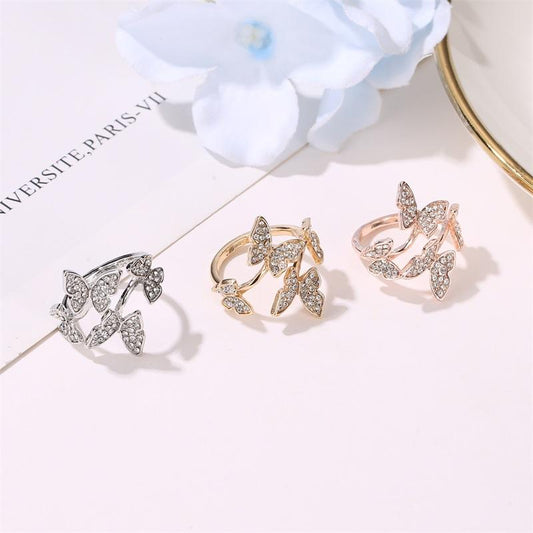 Fashion Jewelry Temperament Full Diamond Four Butterfly Ring Net Red Light Luxury Index Finger Open Ring