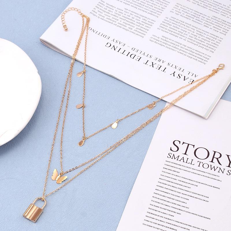 Retro fashion multi-layered simple butterfly small lock pendant necklace ins clavicle chain jewelry