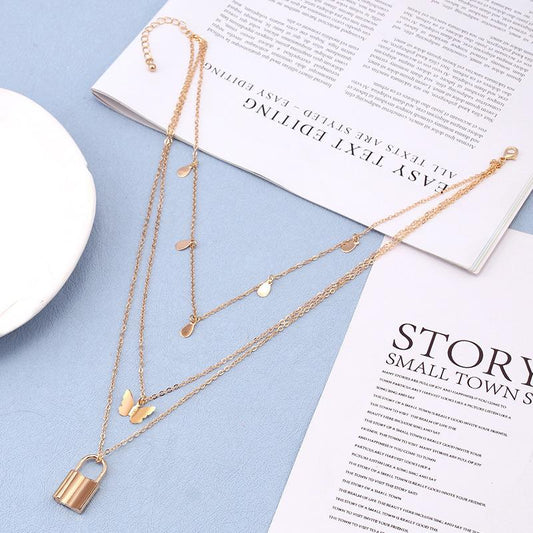 Retro fashion multi-layered simple butterfly small lock pendant necklace ins clavicle chain jewelry