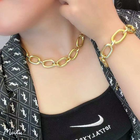 Jewelry Fashion Gold Thick Necklace Bracelet Geometric Men and Women Color Preservation Aluminum Chain Clavicle Chain