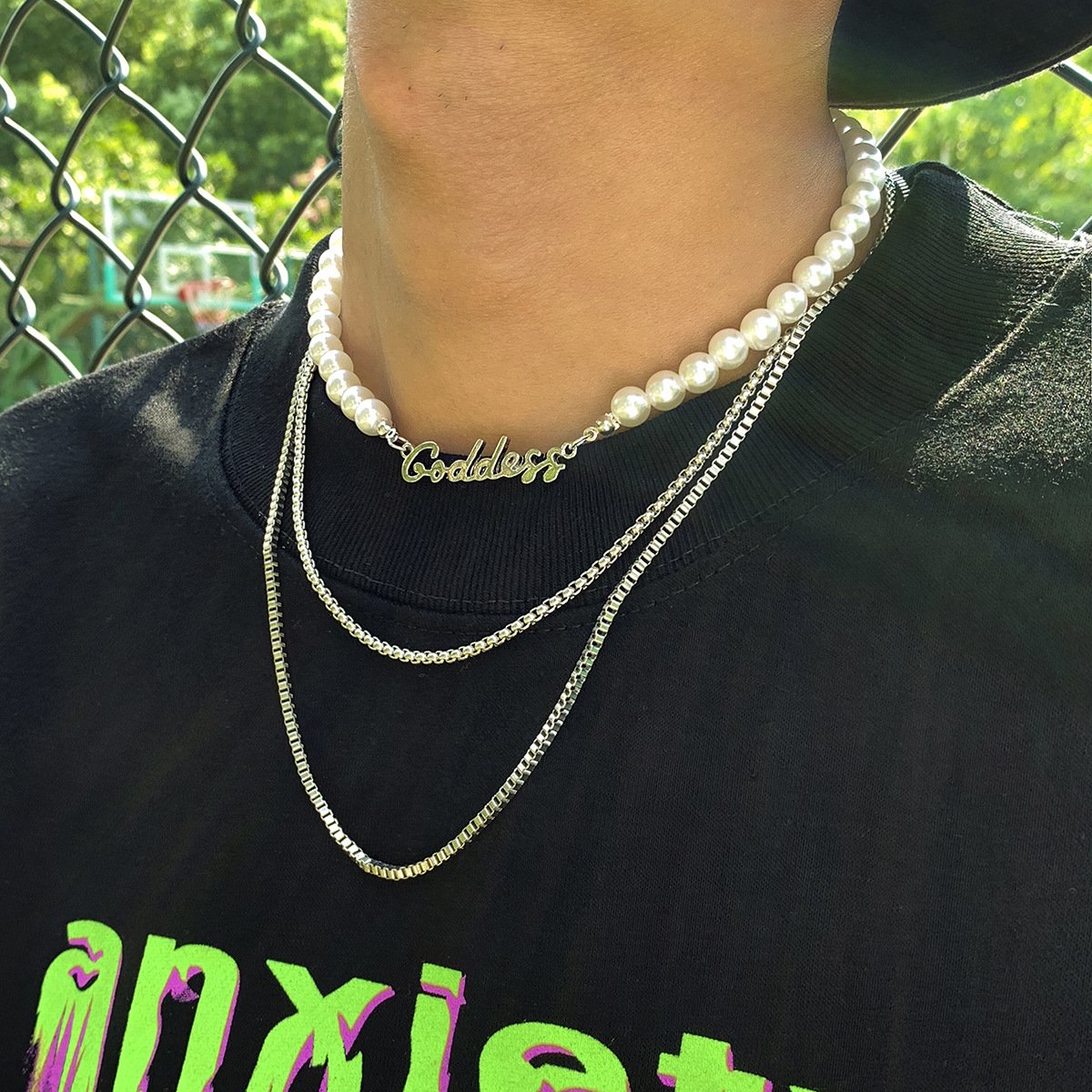 Jewelry Fashion Pearl Chain Men's Necklace Trendy Hip Hop Personality Metal Letter Necklace Set