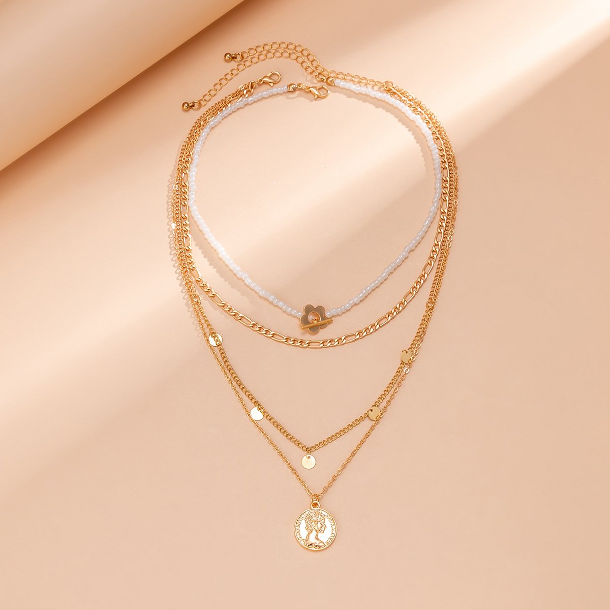 Jewelry Hip Hop Multilayer Metal Figure Pendant Necklace Vintage Sequins Imitation Pearl Clavicle Necklace