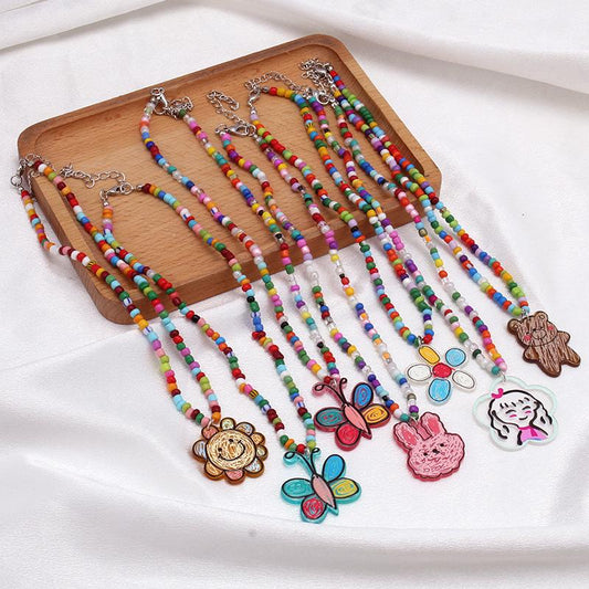 Colorful Beaded Necklace Cartoon Cute Niche Colorful Beaded Necklace Girl Heart Clavicle Chain Short Pendant