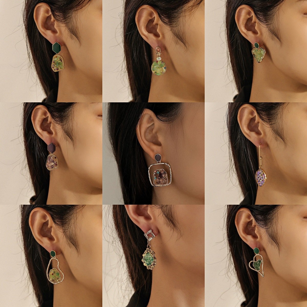 Ins geometric fashion hollow heart gravel earrings retro original stone drop oil earrings stone ear jewelry female
