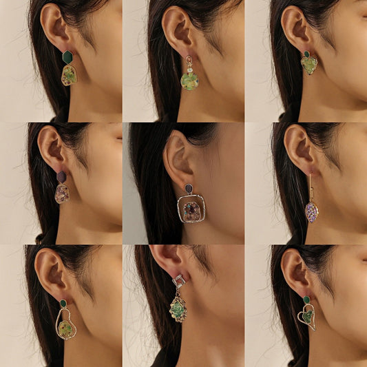 Ins geometric fashion hollow heart gravel earrings retro original stone drop oil earrings stone ear jewelry female