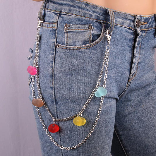 Jewelry bungee disco cool girl trend fashion transparent jelly color peach heart double waist chain pants chain