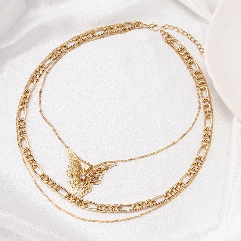 Fashion all-match necklace trend personality multi-layer chain with diamond big butterfly pendant necklace neck chain