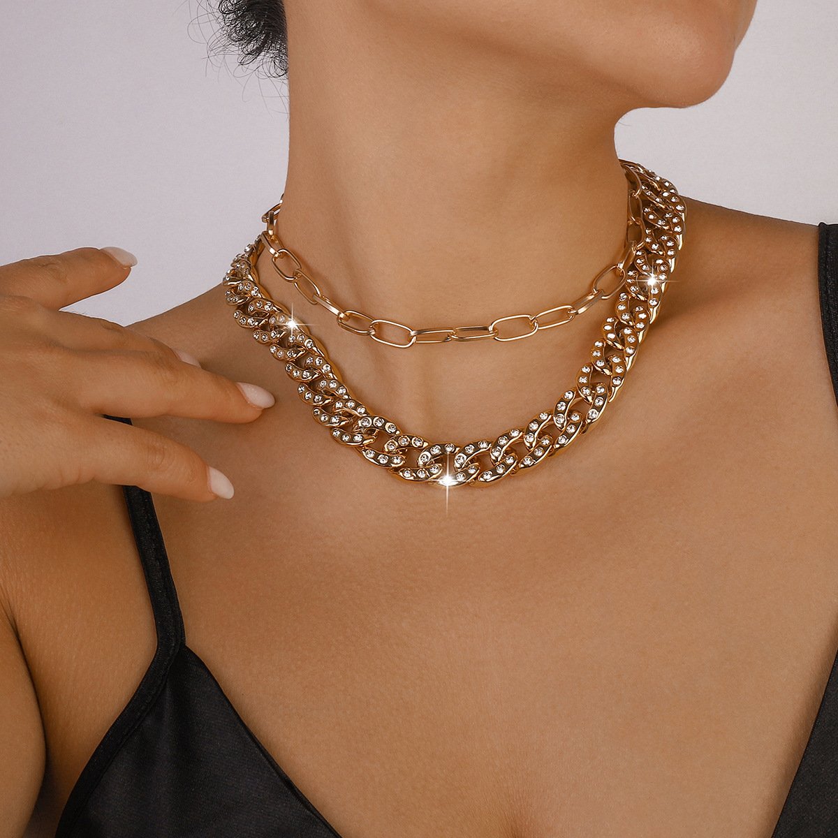 N137 Hip Hop Exaggerated Stacked Necklace Metal Cuban Chain Rhinestone Necklace Dinner Show Necklace