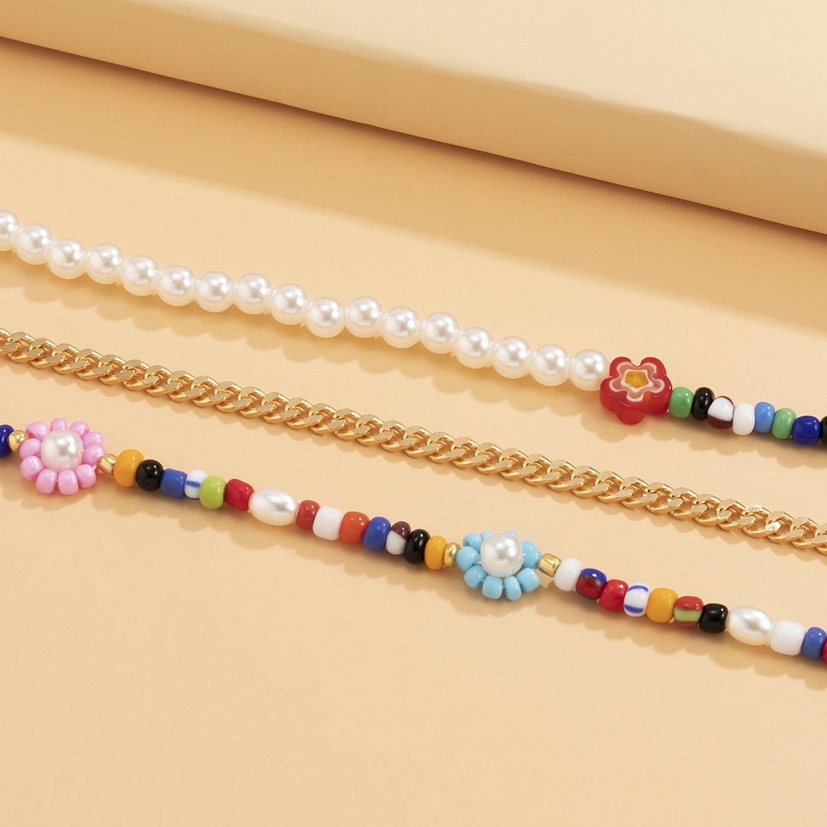 Hip Hop Sweet Cool Metal Chain Pearl Necklace Bohemia Small Daisy Flower Rice Bead Necklace