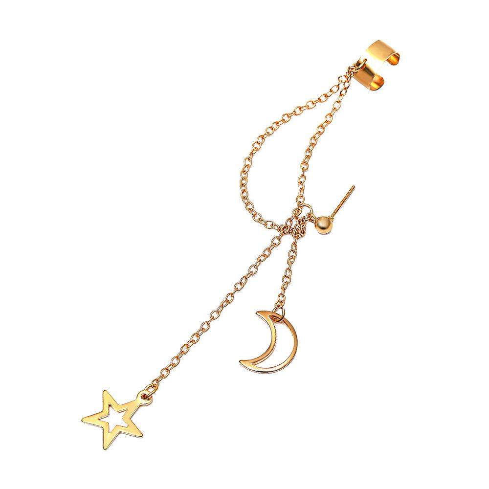 Simple temperament long chain earrings ins cold star moon ear clip one-piece non-hole earrings female