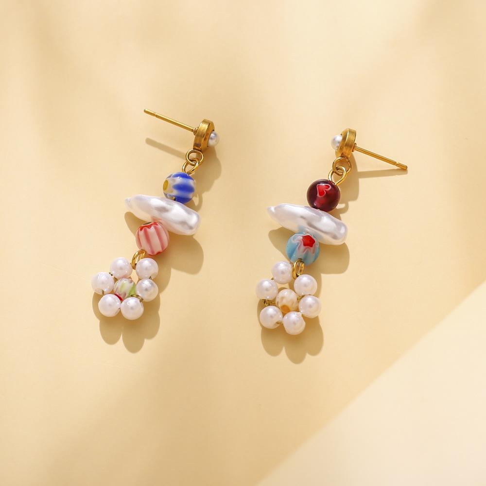 Ethnic Fashion Personality Stainless Steel Baroque Small Flower Earrings Titanium Steel Temperament Beaded Pearl Earrings Jewelry Women