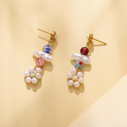 Ethnic Fashion Personality Stainless Steel Baroque Small Flower Earrings Titanium Steel Temperament Beaded Pearl Earrings Jewelry Women