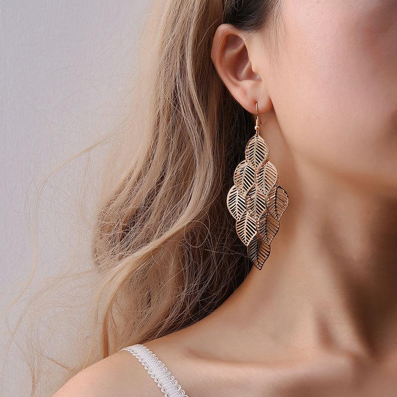 Fashion OL simple gold and silver multi-layer hollow leaf earrings long leaf earrings