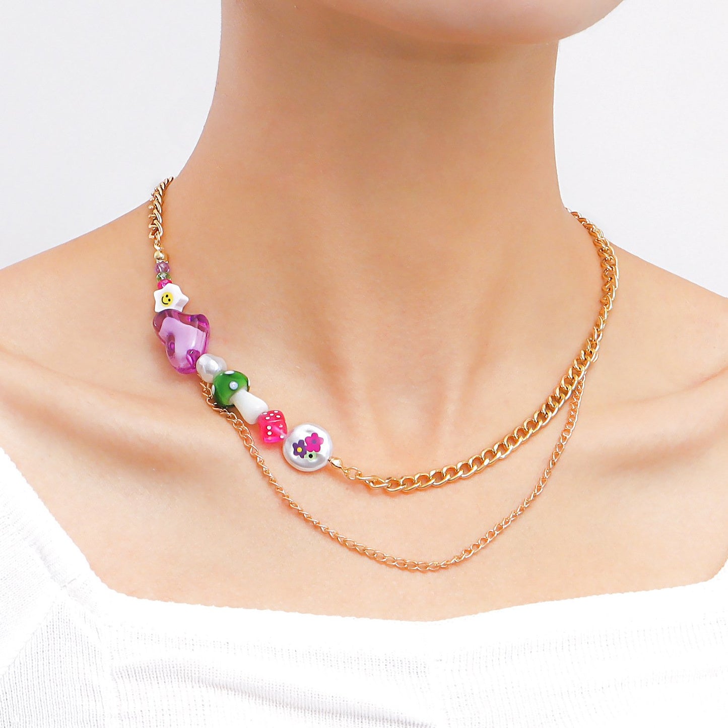 Jewelry double-layer creative multi-element beaded collarbone necklace female ins metal stitching necklace