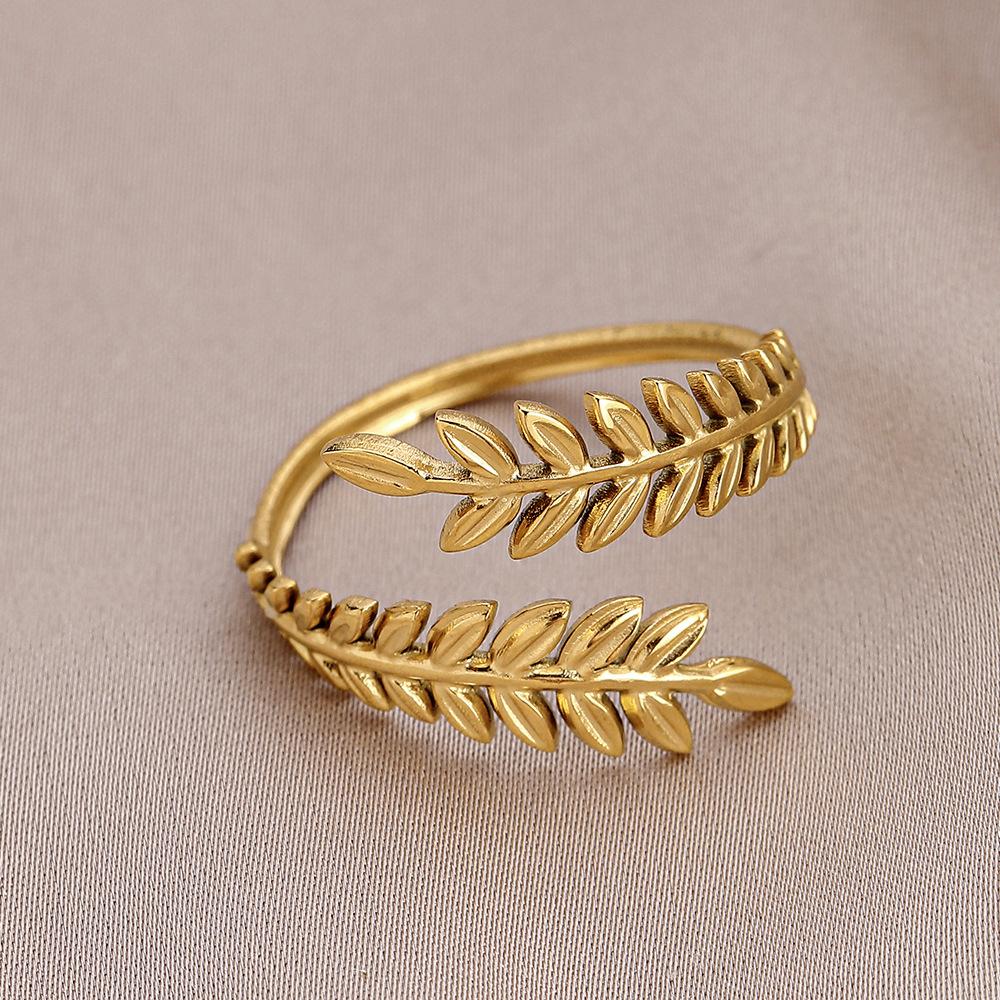 Personality adjustable stainless steel open ring simple feather leaf titanium steel ring jewelry female