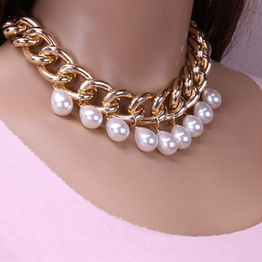 Chain Creative Jewelry Personality Exaggerated Trendy Female Aluminum Chain Clavicle Necklace Retro Imitation Pearl Pendant Item