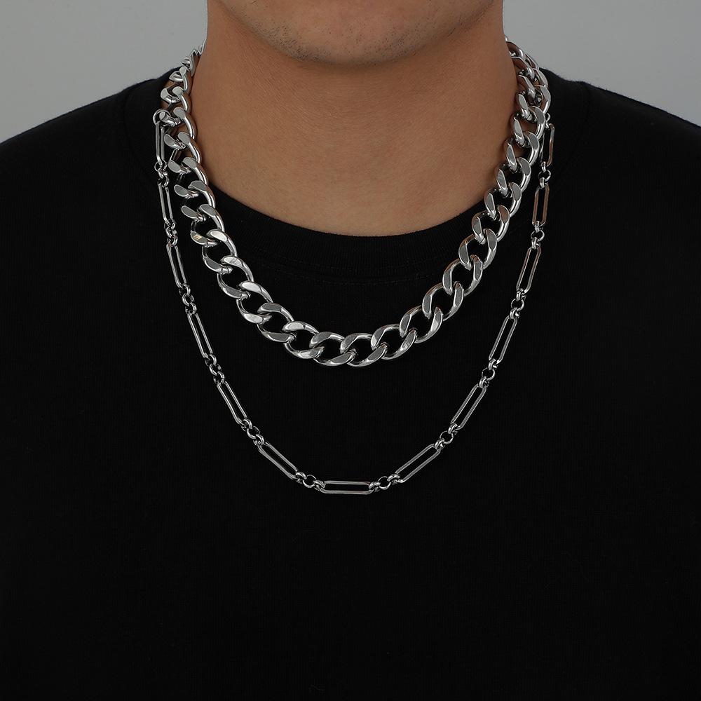 Hip Hop Rock Stainless Steel Double Thick Chain Necklace Titanium Steel Geometric Cuban Chain Exaggerated Domineering Necklace Men