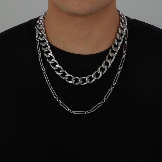 Hip Hop Rock Stainless Steel Double Thick Chain Necklace Titanium Steel Geometric Cuban Chain Exaggerated Domineering Necklace Men