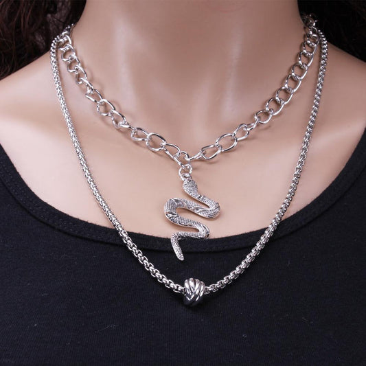 Jewelry Fashion Geometric Double Layer Versatile Lock Key Necklace Retro Snake Pendant Necklace Female