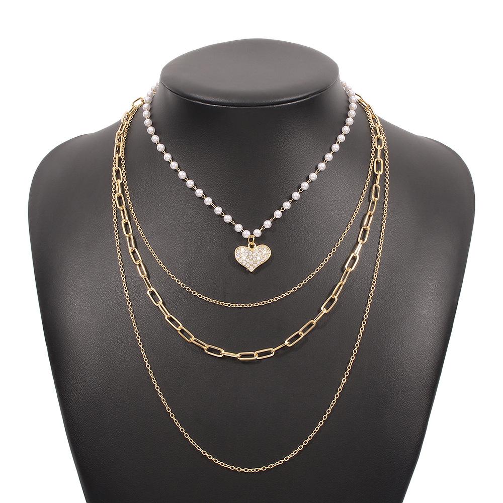 N9685 Fashionable Pearl Necklace Women's Geometric Heart Diamond Multilayer Necklace Personality Simple Street Shot Necklace