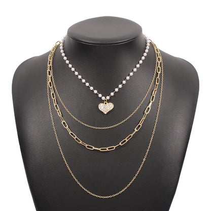 N9685 Fashionable Pearl Necklace Women's Geometric Heart Diamond Multilayer Necklace Personality Simple Street Shot Necklace