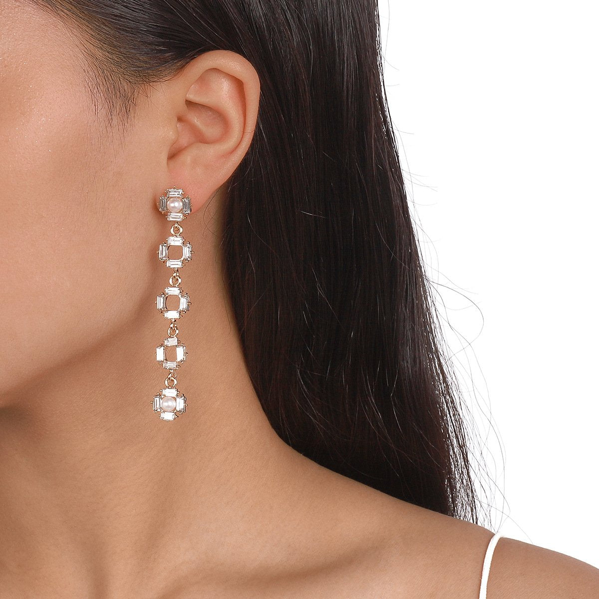 E1493 Minority Long Rhinestone Earrings Hollow Square Pearl Earrings Personality Retro Earrings