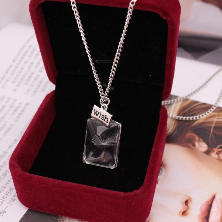 Jewelry Fashion Trendy Long Square Crystal Pendant Wishing Dandelion Necklace