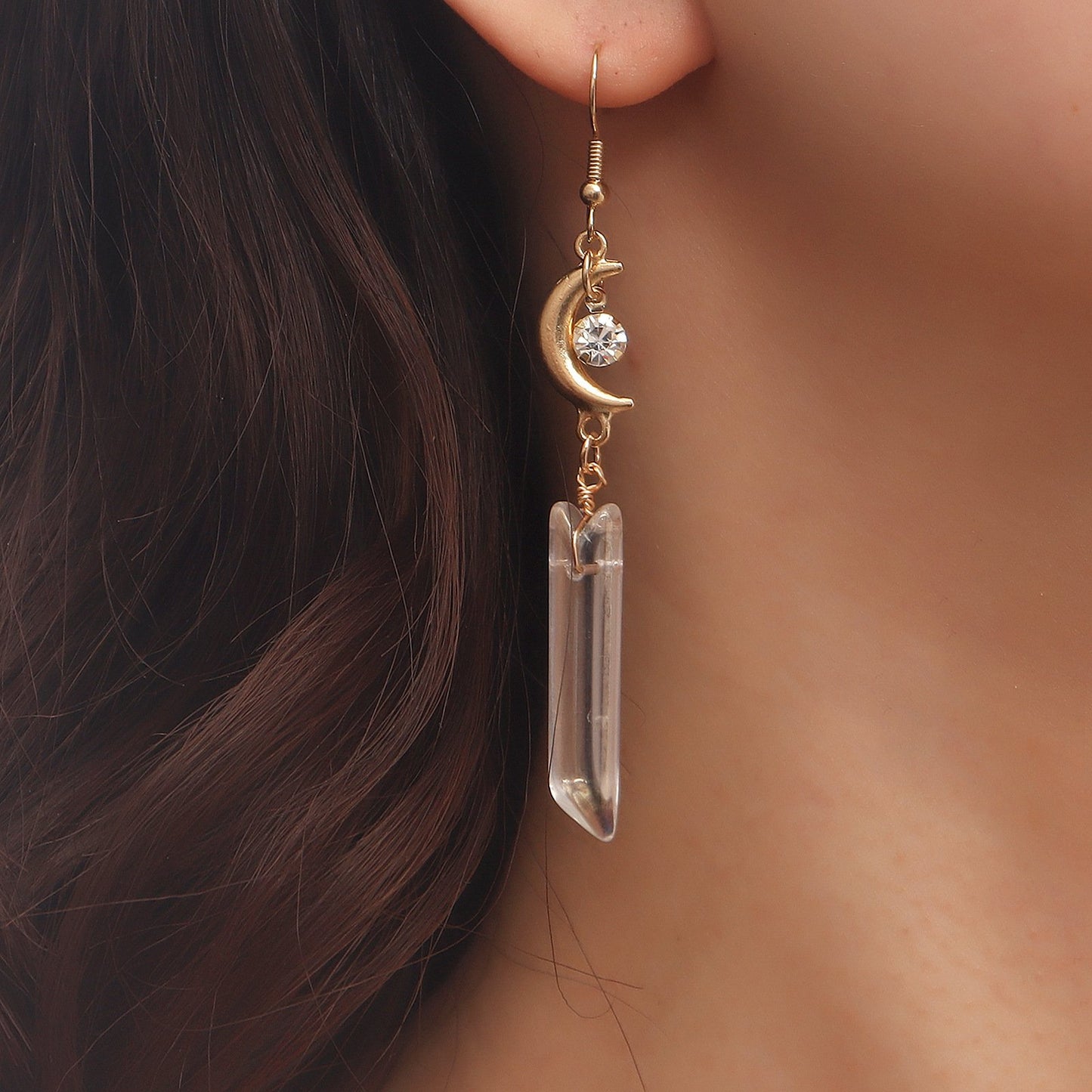 Jewelry punk long tassel transparent white crystal crescent pendant earrings female ins high-end sense