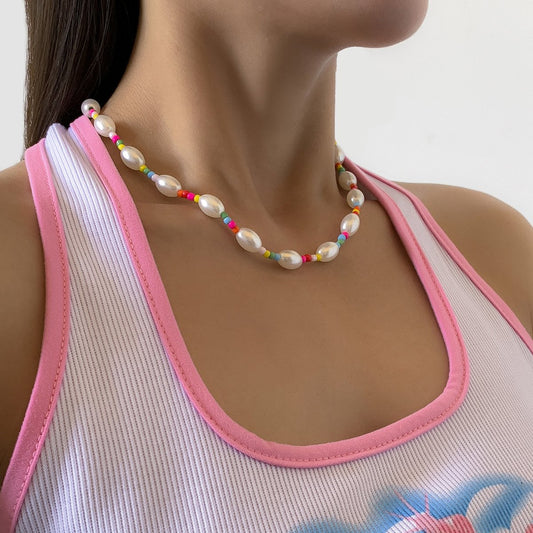Jewelry Sweet Cool Color Rice Bead Necklace Temperament Simple Imitation Pearl Beaded Necklace Women