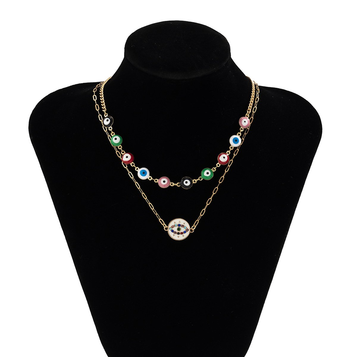 Jewelry Personality Sweet Cool Color Micro-set Eyes Double Layer Necklace Female Simple Cross Chain Necklace