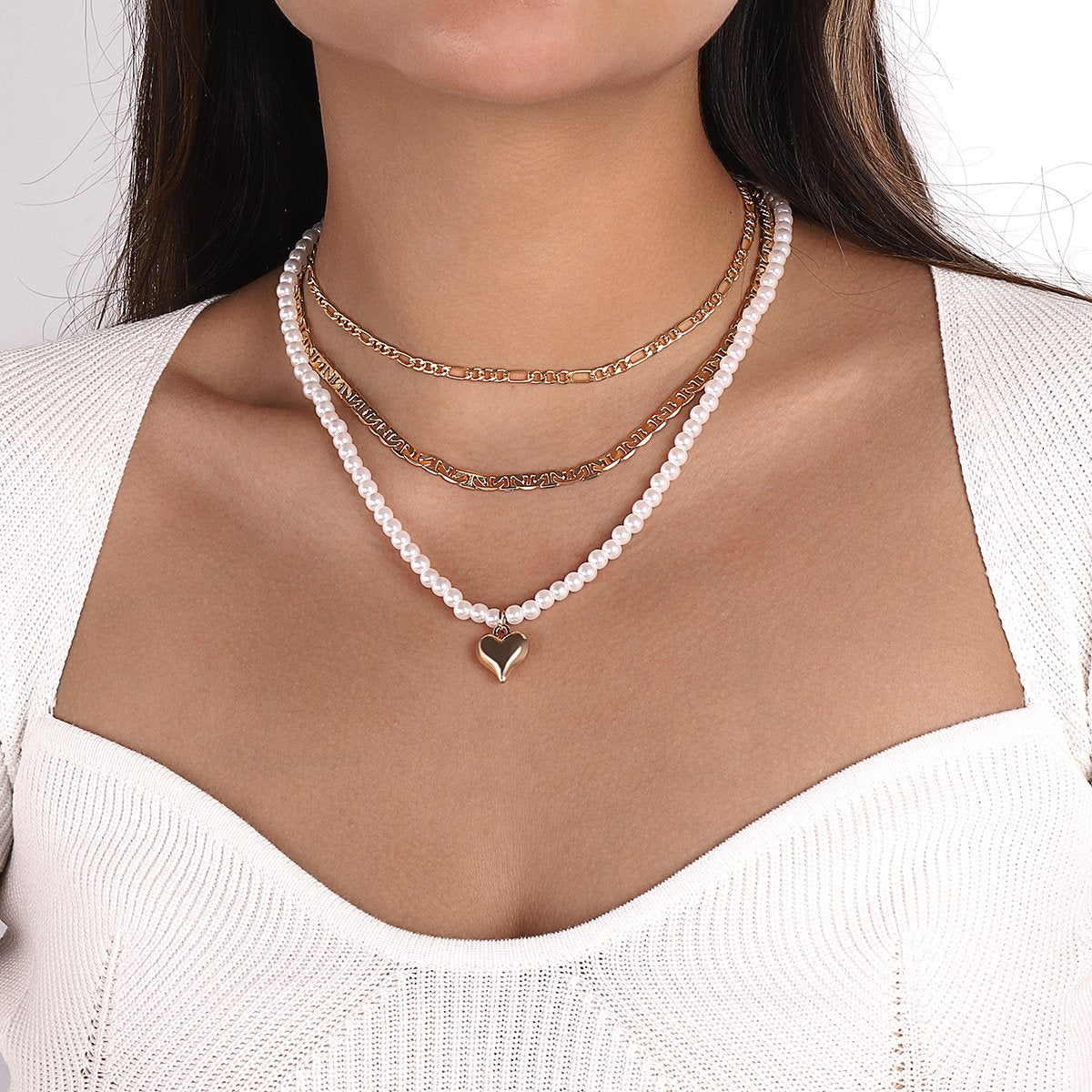 N1273 Street Shot Personality Necklace Pearl Heart Stacked Necklace Retro Small Fashion Necklace