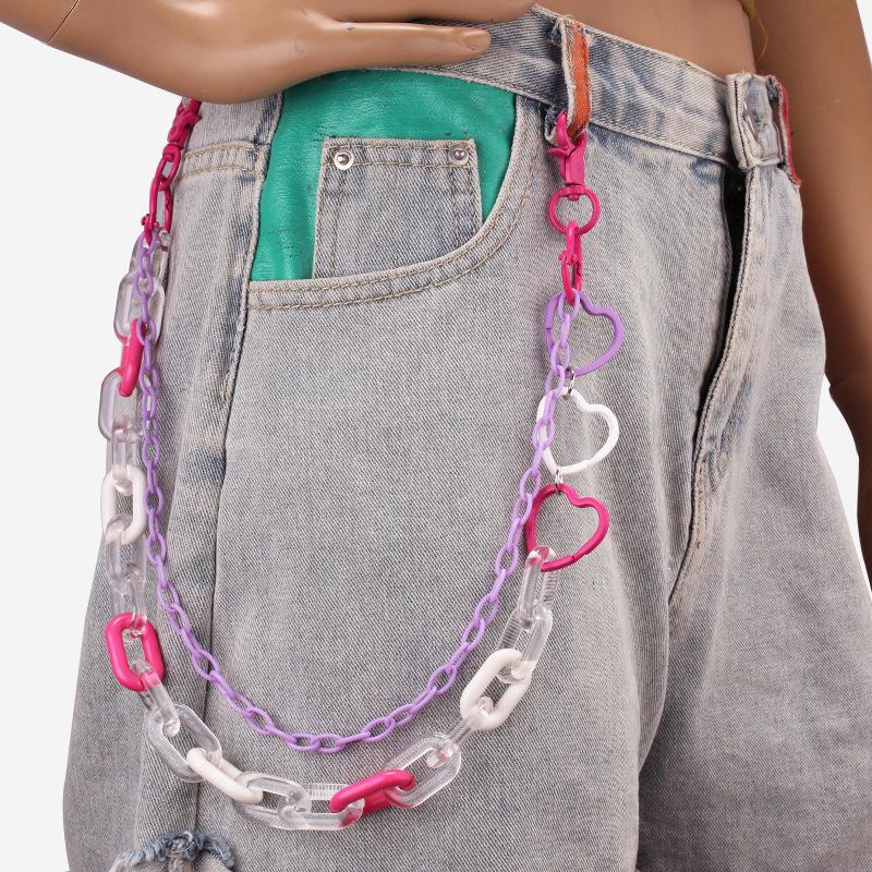 Hip-hop double-layer pants chain accessories ins high street accessories color resin pants chain strands empty peach heart ring waist chain